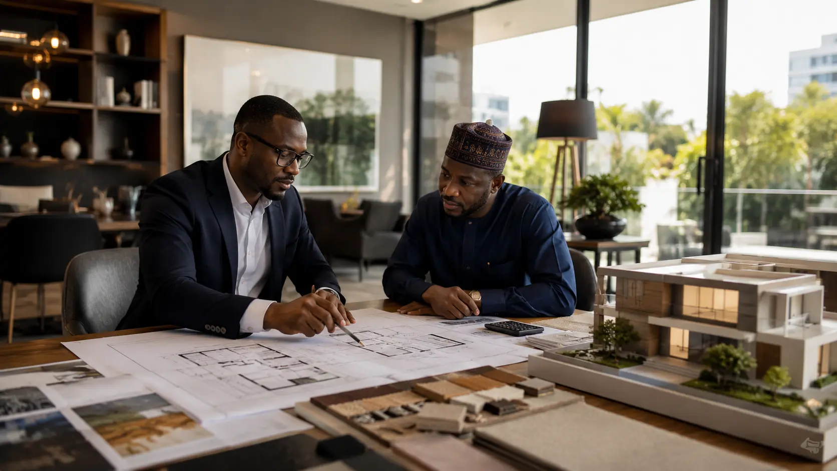 Architect and construction professionals reviewing project plans